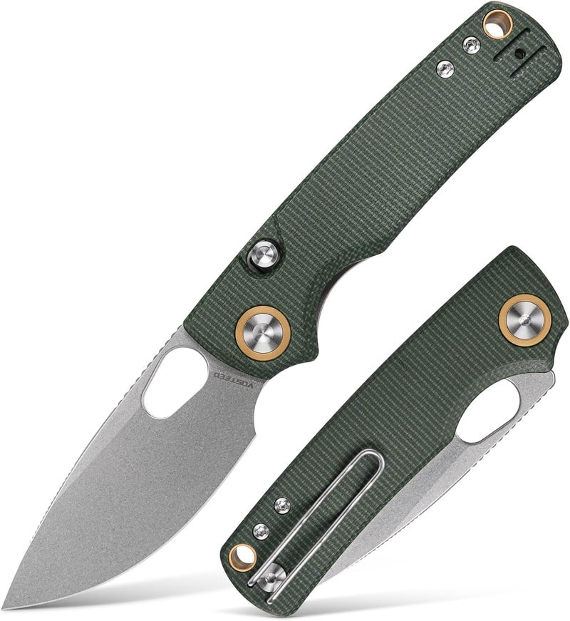 Vosteed EDC Knife, 2.99" 14C28N Steel Wider Blade, Green Micarta Handle Top Liner Lock, Folding Pocket Knives with Clip for Men & Women, Survival Camping - Porcupine A2603 - Image 1